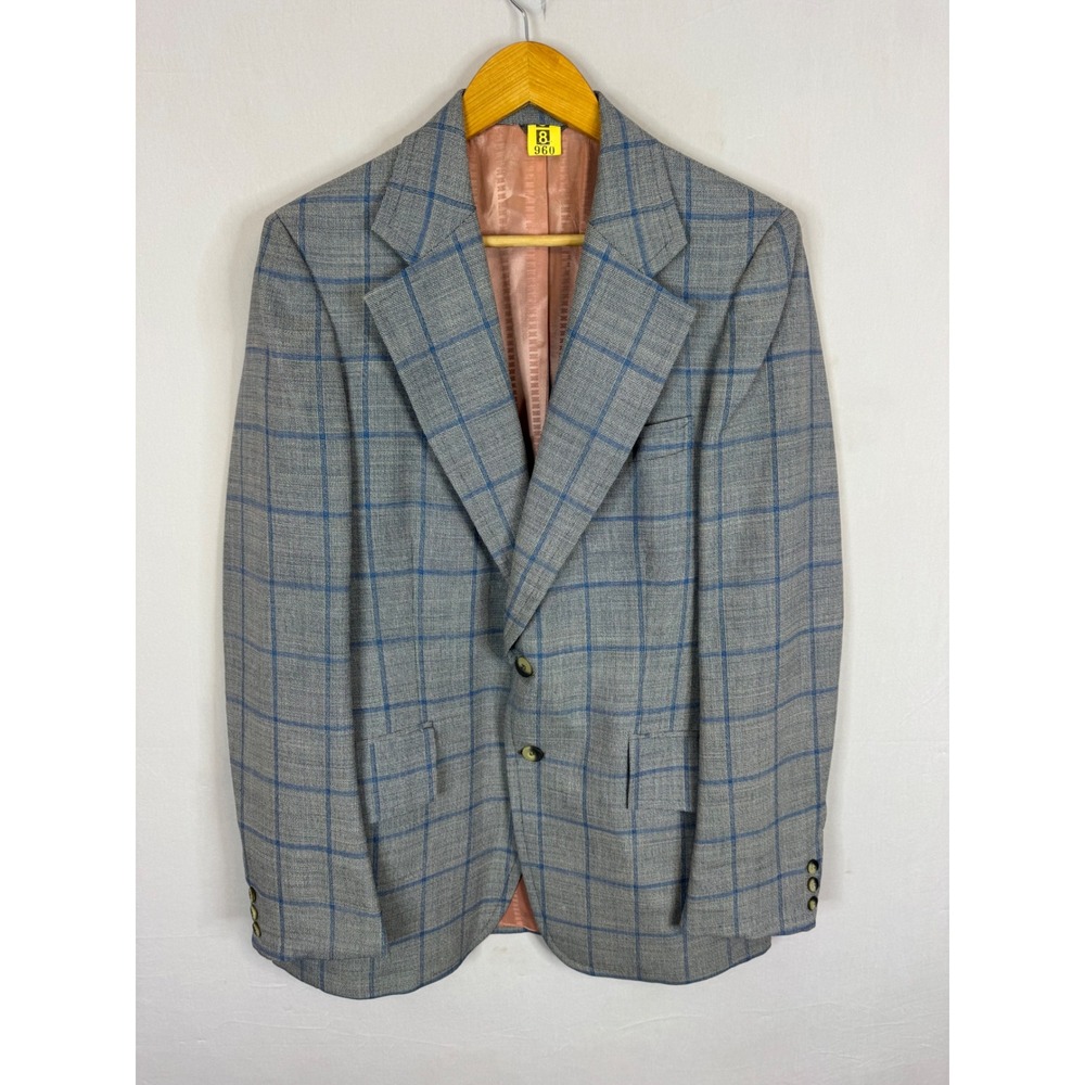 70s Disco Drapeshire Men 40L Vintage Wool Blazer Grey Blue Windowpane Sport Coat